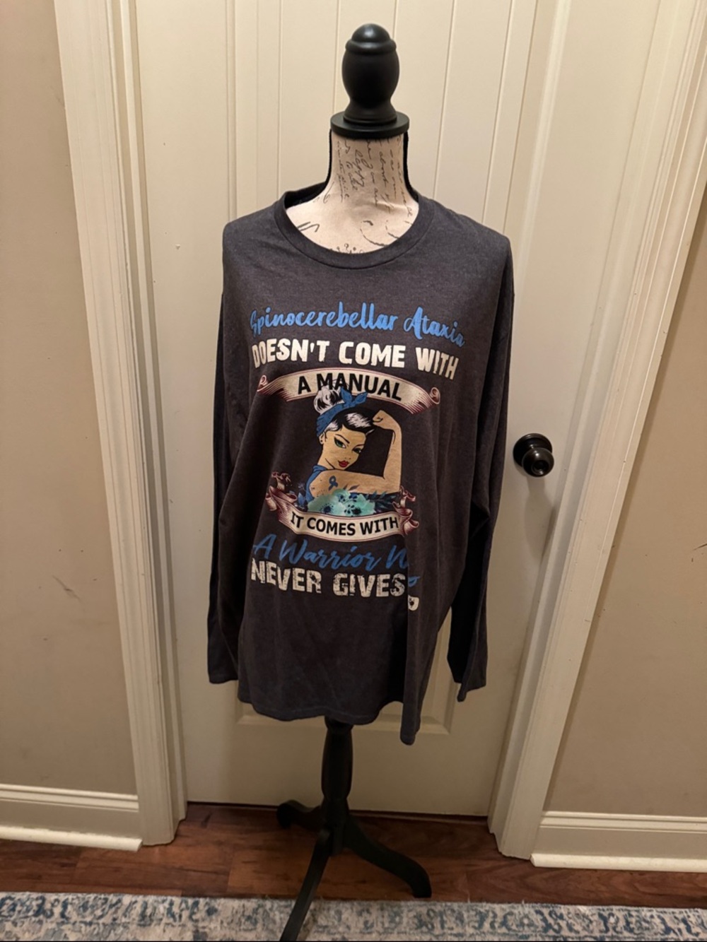 Port and Company Charcoal Gray Long Sleeve Graphic Tee with Blue and White Print